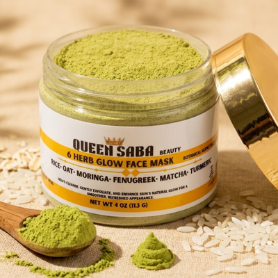 Queen Saba Beauty 6 Herb Botanical Powder Face Mask – Rice, Oat, Moringa, Fenugreek, Matcha & Turmeric